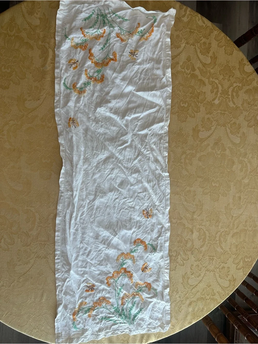 White Embroidered Floral Linen Table Runner Pair- Yellow & Green Detail